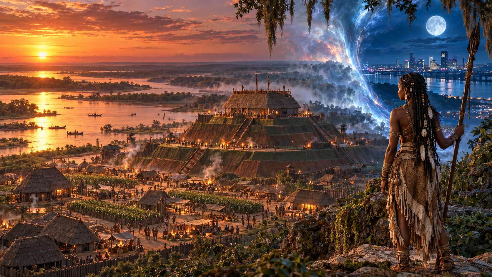 A Medicine Woman overlooks an ancient Mississippi mound city as a portal opens to the modern skyline